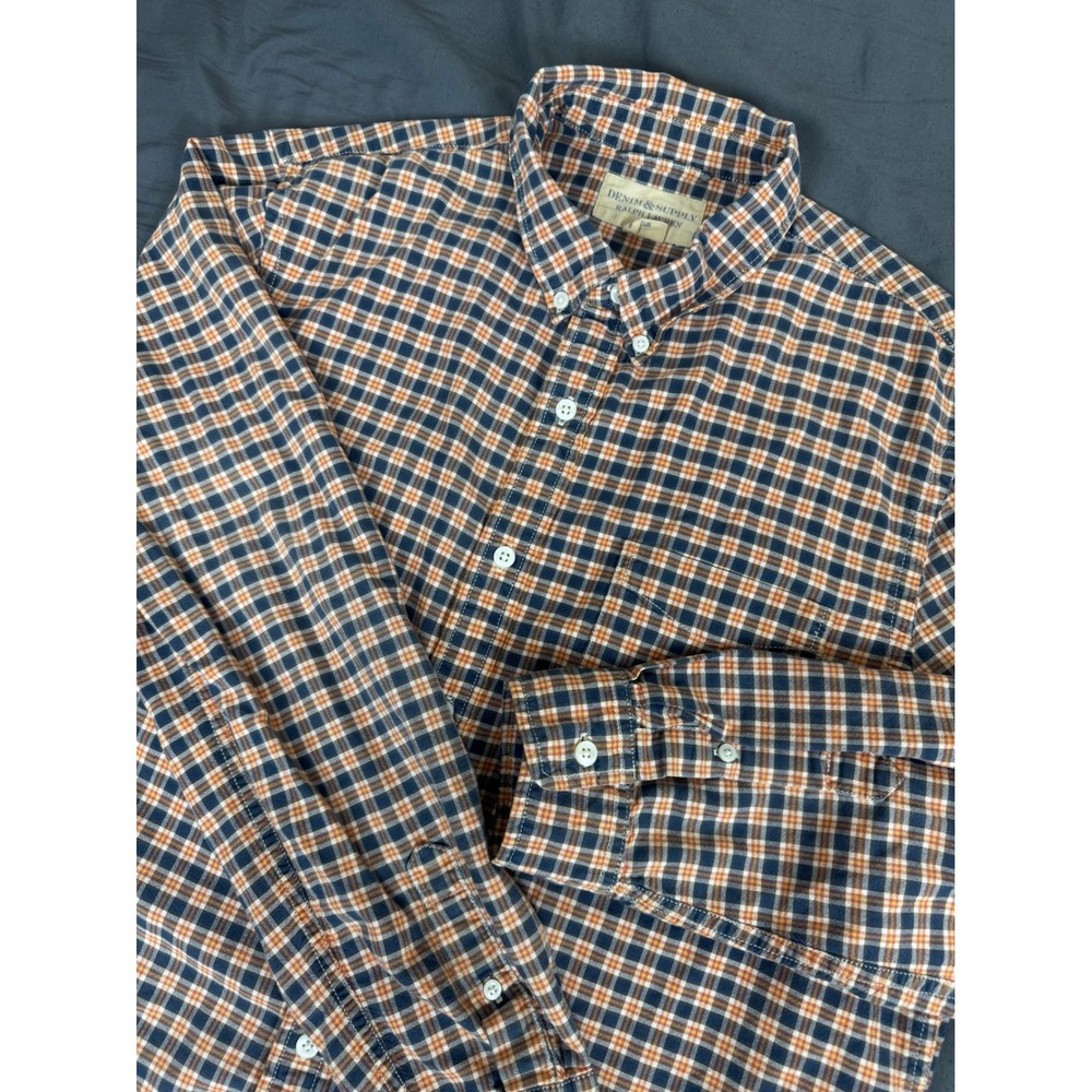 Denim & Supply Ralph Lauren Mens Large Plaid Button Down Shirt Navy Orange